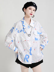 Women Lapel Printed Casual Loose Shirt