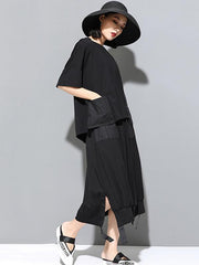 Loose Black Round Neck Cropped T-Shirt