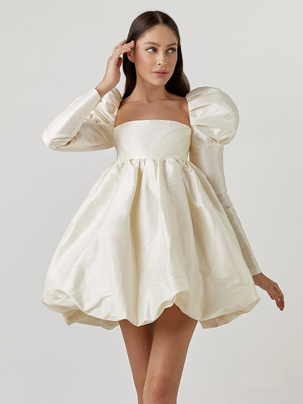 Puff Sleeve Imitation Silk Mini Dress