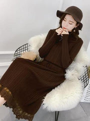 Lace Split-joint Drawstring Base Knitting Midi Dress