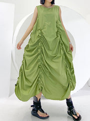 Roomy Sleeveless Pleated Pure Color Round-Neck Midi Dresses