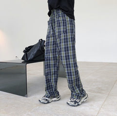 Women Retro Check Straight Leg Wide Leg Loose Casual Pants