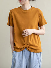 Loose Solid Pleated Casual Round Neck T-Shirt