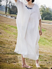 Embroidered Ruffled Loose Round-Neck Dress