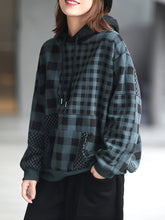 Women Retro Casual Loose Plaid Hooded Sweatshirt