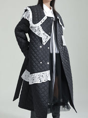 Asymmetric Quilted Ruffled Tied Waist Long Sleeves Roomy Peter Pan Collar Padded Coat