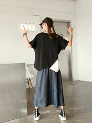 Round Neck Color Block Irregular Loose T-Shirt