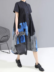 Original Flower Print Stand Collar Shirt Dress