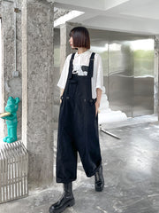 Casual Solid Black Denim Wide Leg Jumpsuit