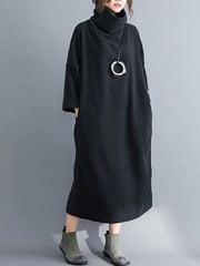 Stand Collar Soild Casual Midi Dress