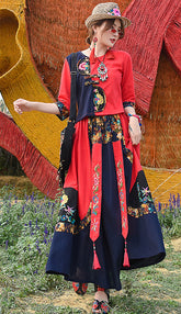 Ethnic Embroidered Flax Shirt With Elastic Waist Skirt Suit