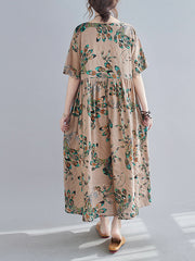 Women Round Neck Print Loose Short Sleeve Dress