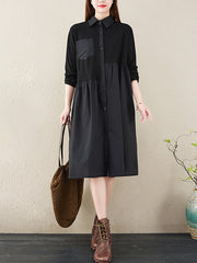 Lapel Solid Color Patchwork Midi Dress