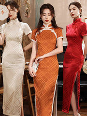 Stand Collar Vintage Print High Split Slim Fit Short Sleeve Cheongsam Maxi Dress