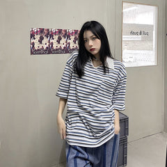 Retro Striped Lapel Loose Casual T-Shirt