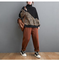 Women Loose Zebra Pattern Stitching Turtleneck Sweatshirt