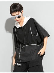 Contrast Stitching Bat Sleeve Hooded Short-Sleeved T-Shirt Tops
