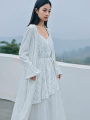 Retro Solid Embroidered Splicing Net Yarn V-Neck Maxi Dress