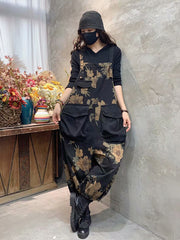 Retro Loose Printed Jumpsuit With Big Pocket