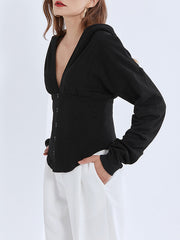 Tight-Fitting Hook Button Long-Sleeved Hoodie Sweatshirt