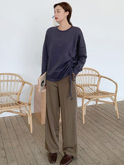 Loose Solid Drawstring Round-Neck Sweatshirt