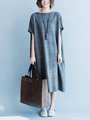 Gray Round-neck Cotton Blend Free Size Long Dress