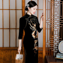 Vintage Stand Up Collar Black Seven Part Sleeve Cheongsam Maxi Dress