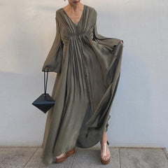 V-Neck High-Waist Long-Sleeved Large Hem Maxi Dress