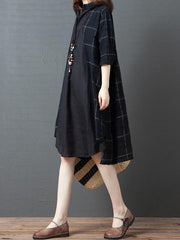 Loose Plaid Splicing Split-Side Lapel Dress