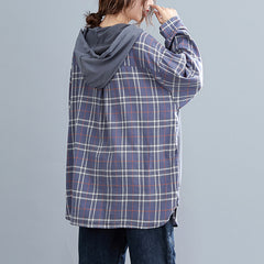 Women Retro Plaid Stitching Loose Hooded Sweatshirt