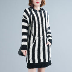 Loose Striped Hooded Knitted Mini Dress
