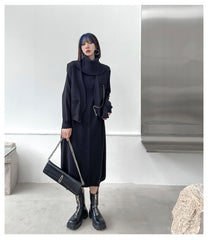 Retro Solid Color Knitted High-Neck Midi Dress