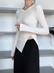 Round Neck Solid Long Sleeves Knitted T-Shirt