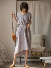 Loose Linen Lace-Up V-Neck Soft Dress