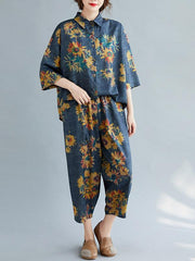 Casual Floral Shirt Blouse Tops+Harem Pants Suits
