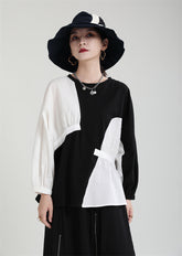 Loose Geometric Contrast Lantern Sleeve Sweatshirt