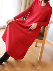 Plain V-Neck Knitting Midi Dress