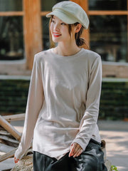Women Retro Round Neck Loose Casual Bottoming Shirt