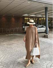 Round Neck Large Pleated Pockets On The Side Sleeveless Maxi Dress