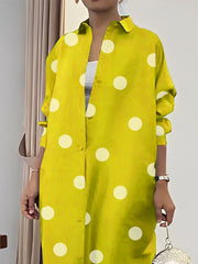 Long Sleeves Loose Polka-Dot Split-Front Split-Side Lapel Maxi Dresses