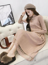 Lace Split-joint Drawstring Base Knitting Midi Dress