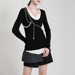 Stitching Contrast Color Fake Two-Piece Long Sleeve Sweater