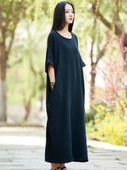 Black Soft Split-joint Ramie Cotton Long Dress