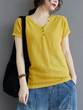 Women Solid Color V-Neck Buttoned Loose Short Sleeve T-Shirt