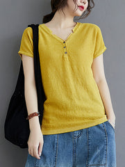 Women Solid Color V-Neck Buttoned Loose Short Sleeve T-Shirt
