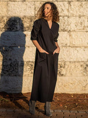 Simple Black V-Neck Half Sleeves Midi Dress