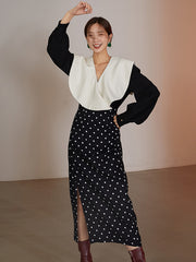 Polka Dot High Waist Split Skirt