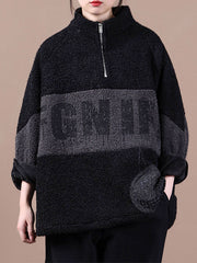 Zipper Printed Loose Color-Block Sweatshirt