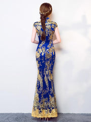 Blue Lace Embroidered Mermaid Cheongsam Evening Dress