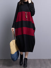 Loose Color Block Striped Knitted Turtleneck Midi Dress